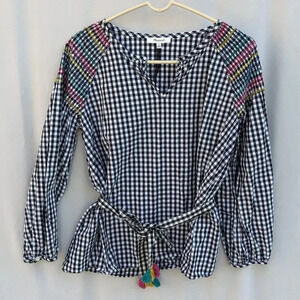 Madewell Smocked Gingham Blouse Small Boho Festival Black White Smocked Peasant